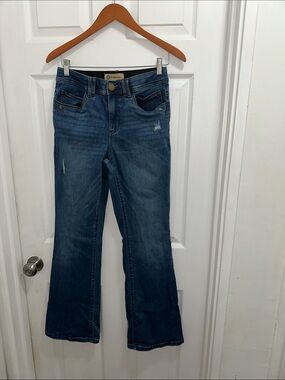 Democracyโs Technology Dark Blue Distressed Flare Jeans